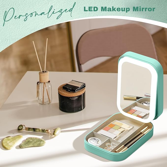 Personalized Travel Jewelry Case with Led Mirror Custom Makeup Mirror with Birth Flower and Name Leather jewelry Organizer Personalized jewelry Box Birthday Christmas Gifts For Women Girls