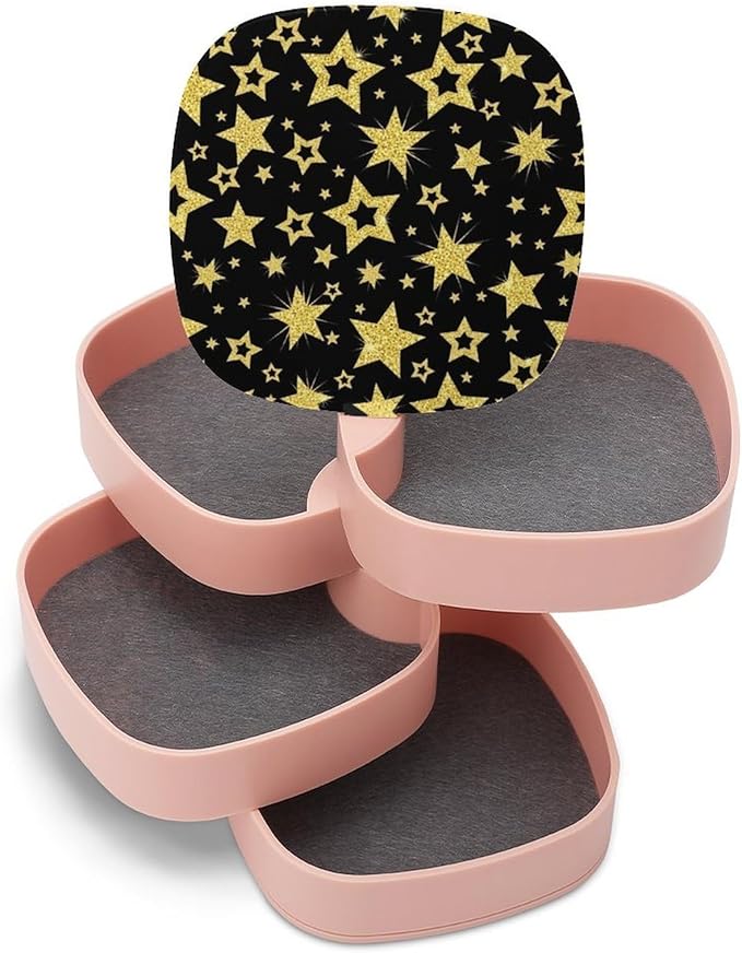 Earring Storage Box Organizer Jewelry Box Holder for Women 4-Layer Rotating Travel Jewelry Case (Black And Gold Stars Printed)