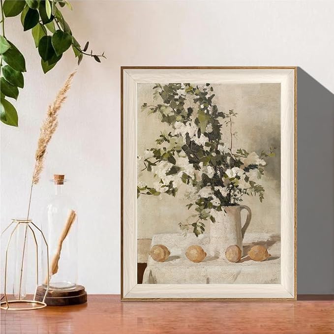 ASTRDECOR Framed Vintage Wall Art, Farmhouse Wall Decor White Flowers Canvas Oil Painting, Vintage Kitchen Decor Floral Wall Art Lemon Botanical North Art Prints for Kitchen Bedroom - 12''x 16''
