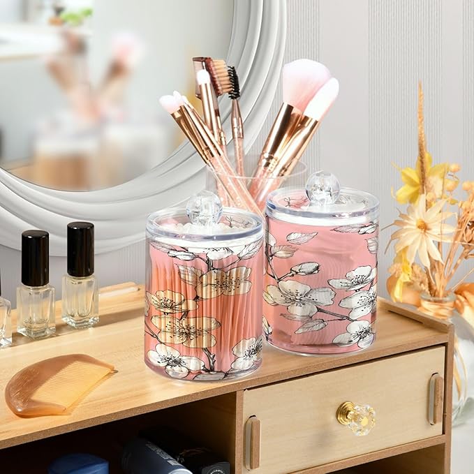 Nander 4Pack Beautiful Cherry Blossoms Qtip Holder Dispenser -Clear Plastic Apothecary Jars Set - Restroom Bathroom Makeup Organizers Containers for Cotton Swab, Ball, Pads, Floss