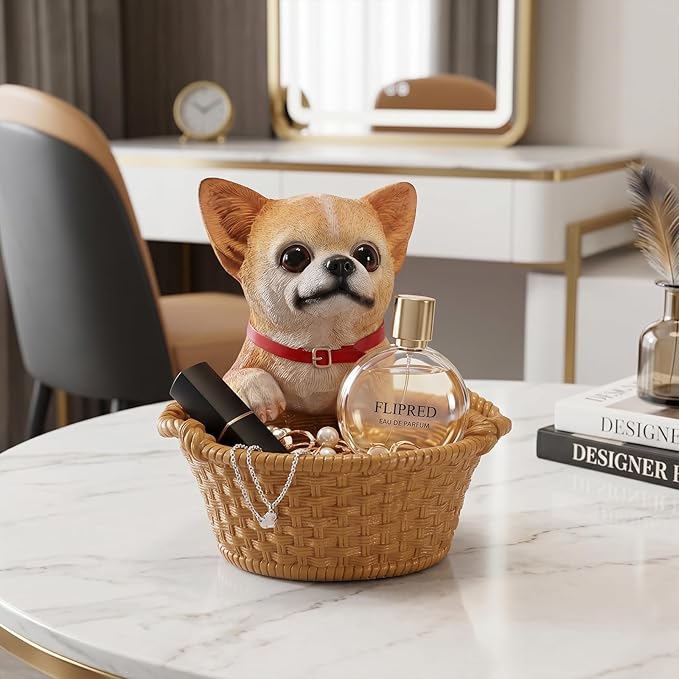 Dog Resin Storage Basket, Desktop Organizer for Remote & Keys, Cute Home Decor Tray, Ideal present for Pet Lovers.(Chihuahua Fawn)