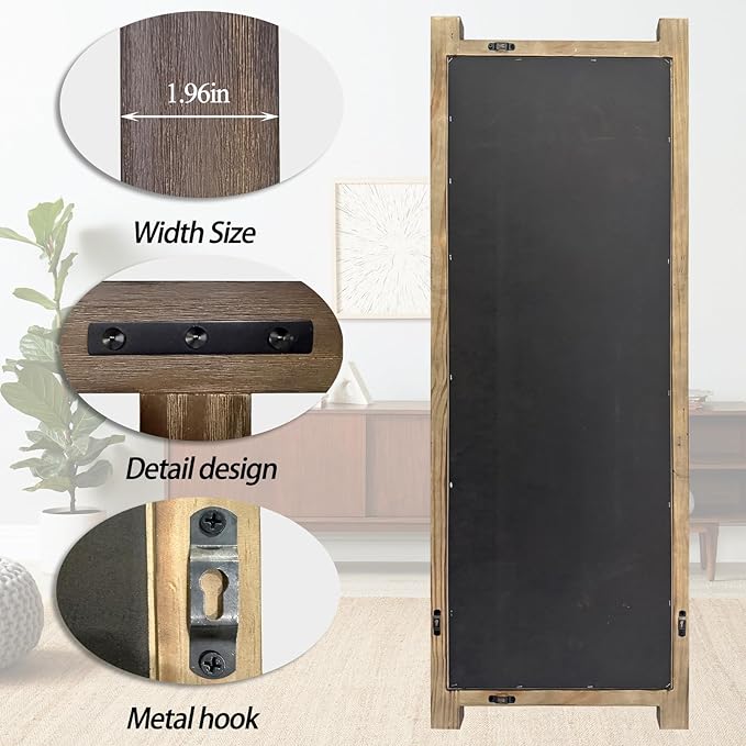 Full Length Mirror with Wood Frame ，60" x 21" Standing Full Body Floor Wall Mounted Hanging Mirror for Bedroom, Living Room，Cloakroom