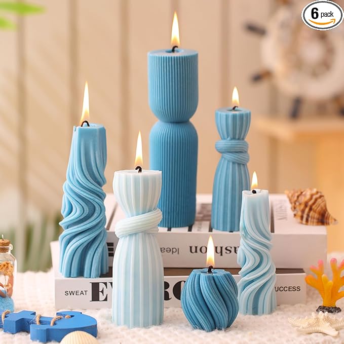 Threlaco 6 Pcs Pillar Candles Decorative Modern Aesthetic Ribbed Candle Set Cute Soy Wax Scented Ribbed Decor Commemorative Gift for Home Decoration(Blue,2.36-6.89 Inch)