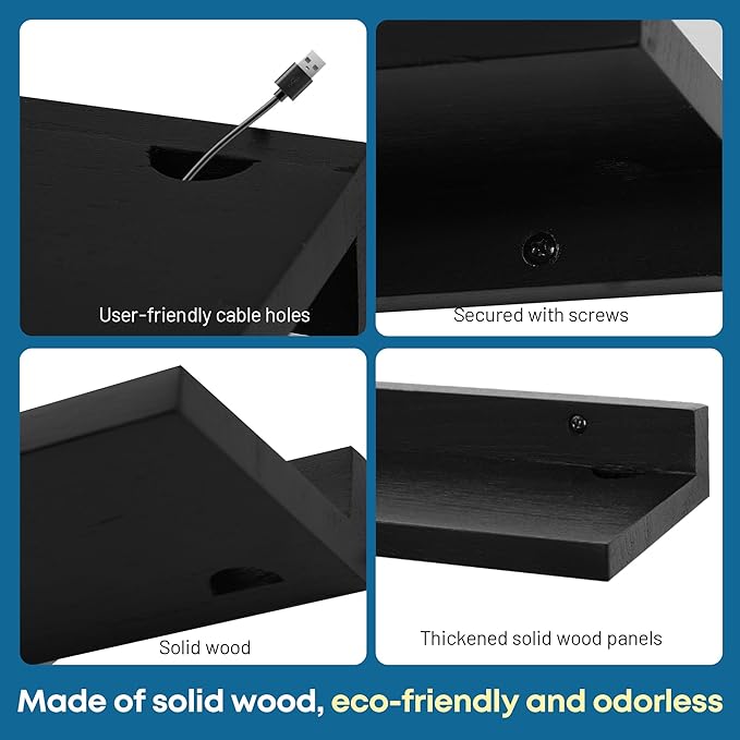 Small Floating Shelf for Wall,9X5 Inch Wall Mounted Shelf with Cord Hole,Small Display Shelves for Cameras, Webcam, Router,Smart Speaker,Action Figures-2 Pcs(Black