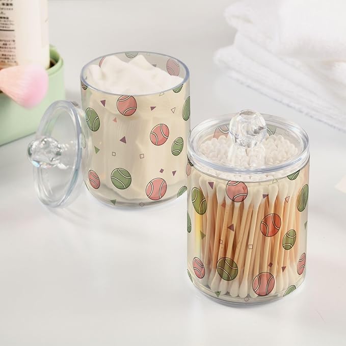 Tennis Balls Pattern Bathroom Containers Holder with Lids Set Clear Jars 2 Pack Plastic Makeup Storage Organizer 4.13 x 2.75In for Vanity Floss Picks Balls