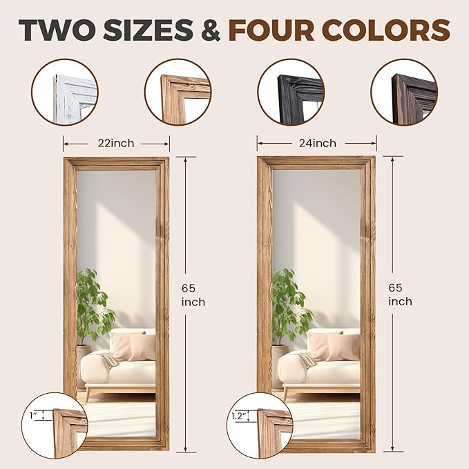 65"x24" Full Length Mirror Solid Wood Frame Floor Mirror for Living Room, Bedroom Hanging or Leaning, Wood Color