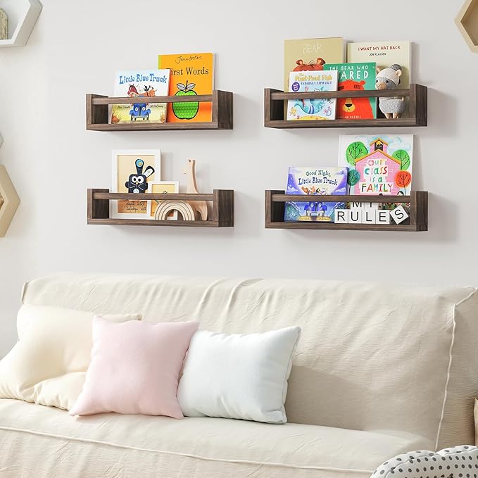 Fixwal Nursery Book Shelves, 16.5 Inch Nursery Shelves for Kids Rooms, Floating Shelves for Wall Set of 4, Solid Wood Wall Mounted Shelves for Books and Toys Storage (Brown)