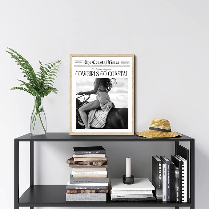 Bwodke OAK Wood Framed Wall Art Cowgirls Go Coastal Canvas Art Vintage Newspaper Pictures Wall Decor Trendy Western Horseback Riding Times Prints for Girly Dorm Bedroom 16"x20"