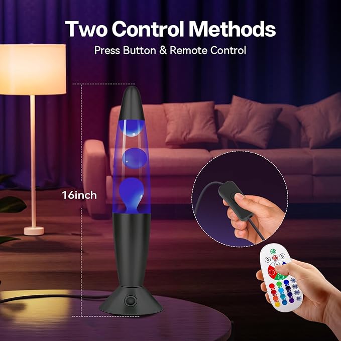 16" Black LED Liquid Motion Lamps, 17 Colors Changing Lamp with Remote, Mood Night Light for Kids Adults, Relaxing Nightstand Table lamp for Bedroom Living Room, Birthday Christmas Gifts (Blue Wax)