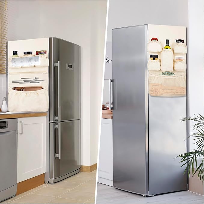 ChezMax Mini Fridge Organizer Dorm Essentials - Over the Fridge Caddy Organizer, Dorm Room Storage, Mini Refrigerator Dust Cover Top with 12 Extra Large Fabric Pockets for Office Kitchen Home, White