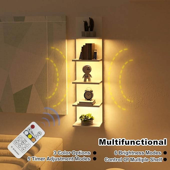 5 Tier Wall Shelves with LED Light, Modern Wall Mount Lack Shelf, Vanity Floating Shelves Home Decor Organizer Tall Tower Design Utility Shelf (White)