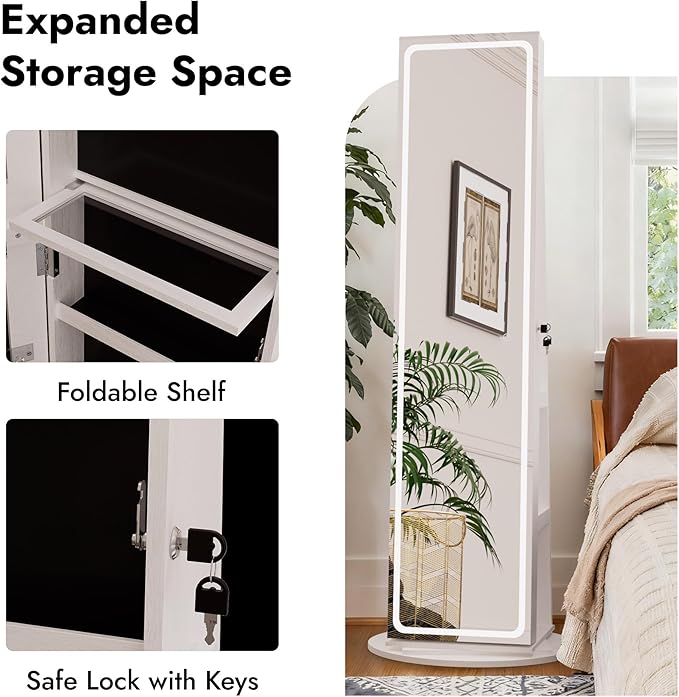 Zamildon's LED Mirror Jewelry Armoire, 360° Swivel Mirrored Jewelry Storage Cabinet with Interior LED Lights, Full Length Mirror Floor Standing Jewelry Organizer with Storage Shelves (White)
