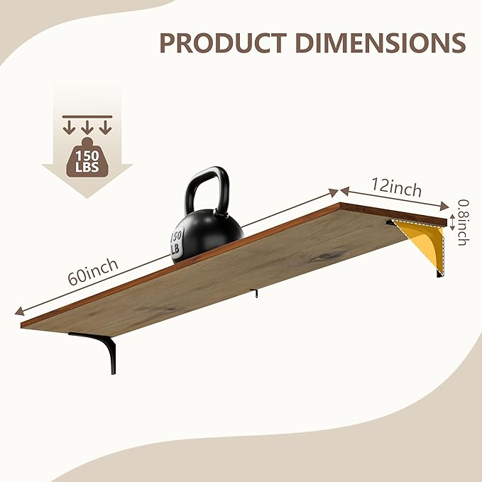 12 Inch Deep Floating Shelves Set of 3, 60 Inch Extra Wide Rustic Walnut Solid Wood Wall Shelves, 5ft Heavy Duty Farmhouse Wall Mounted Shelving for Kitchen, Living Room & Bedroom
