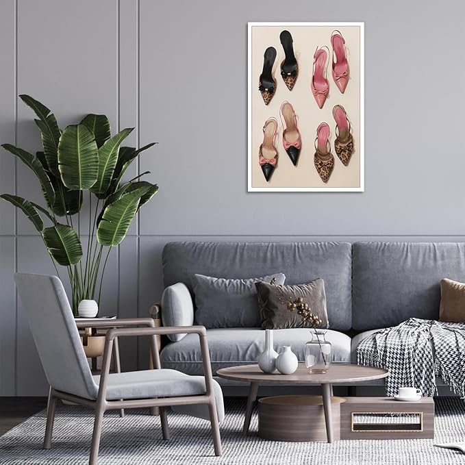 Pink Heel Leopard Posters Trendy Bow Leopard Heels Canvas Wall Art Coquettish Preppy Girly Decor Pink Sexy Aesthetic Prints Painting For Dormitory Bedroom Apartment 16x24in Unframed