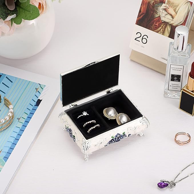 Hipiwe Vintage Metal Jewelry Box Small Treasure Chest Case Trinket Organizer Earrings Necklace Bracelet Storage Box Ring Box Holder Keepsake Box for Women