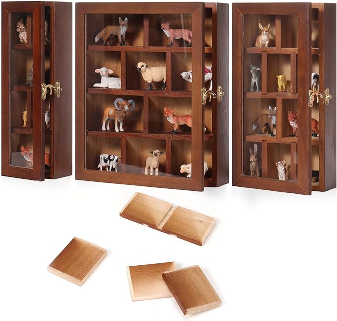 DoubleFill Set of 3 Wooden Trinket Display Shelf Shadow Box with Shelves 10 x 15 Inch Large Wall Mounted Display Storage Mini Figures Curio Trinket Medals Crafts Collections(Brown,Box Shape)