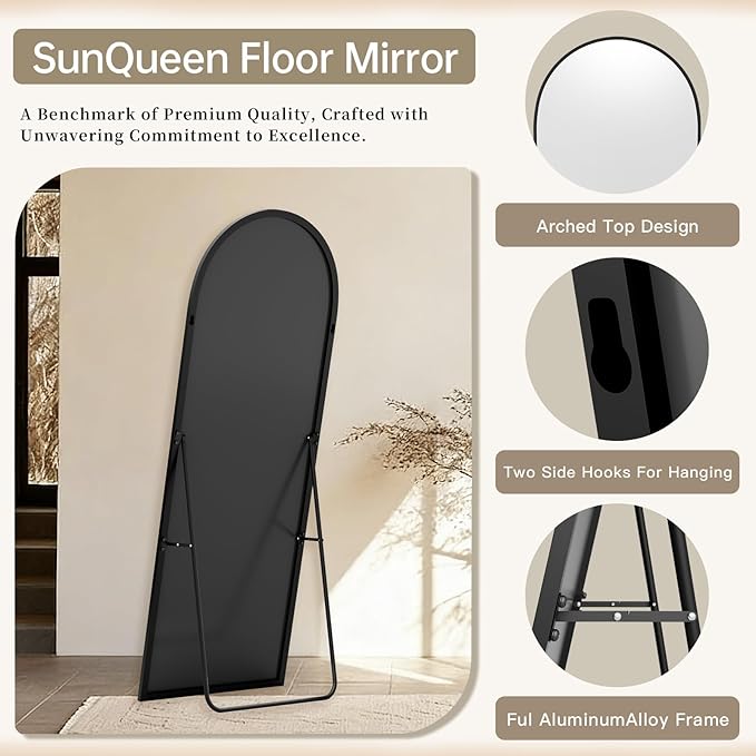 SUNQUEEN 59"x16" Floor Mirror Full Length, Arched Full Length Mirror with Stand, Full Body Mirrors for Bedroom Living Room or Cloakroom Black