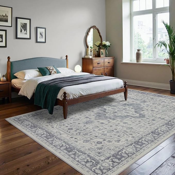 Rugxara 6x9 Washable Area Rug for Living Room, Vintage Large Boho Rugs for Office, Dining Room, Kids Room, Farmhouse, Durable Low Pile Non Slip Carpet for High Traffic Areas, Blue Quartz