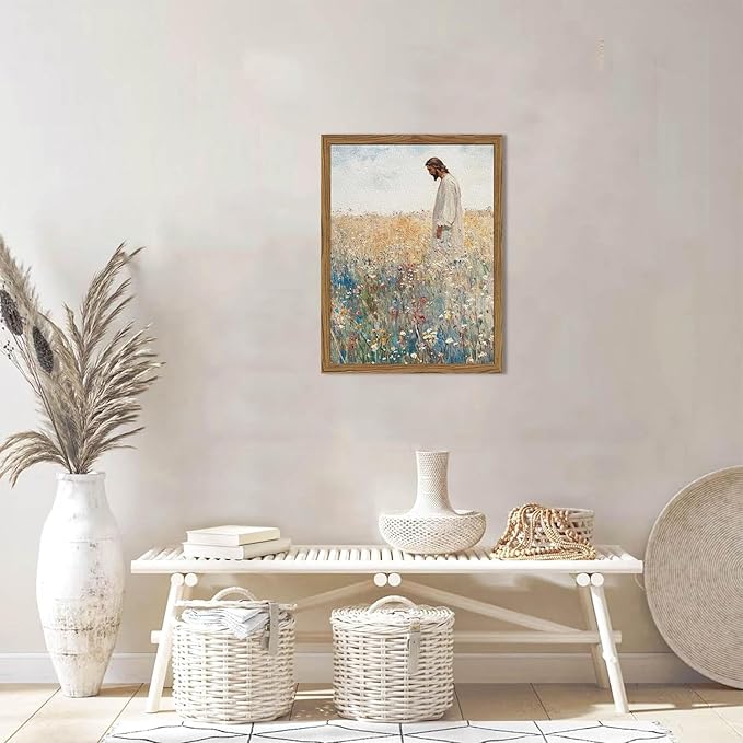 Jesus Leaves the 99 Sheep Wall Art, 3D Textured Hand Drawn Sandstone Christian Inspirational Wall Decor Paintings, Religious Wildflowers Pictures for Living Prayer Room Bedroom 16x24 inch Framed