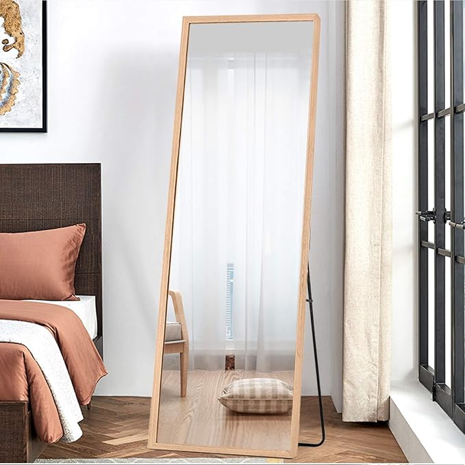 NeuType Floor Full Length Mirror Free Standing Full Body Dressing Mirrors with Stand Hanging Wall Mounted Large Rectangle Wood Frame Leaning Bedroom Living Room Décor 65 x 22 in (Solid Wood Color)