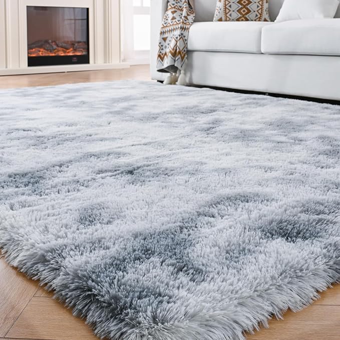 Fluffyrug 5x7 Bedroom Rugs: Shag Rug for Bedroom - Area Rug 5x7 Grey Plush Fuzzy Soft Carpet (Tie-Dyed Light Gray, 5x7 Feet)