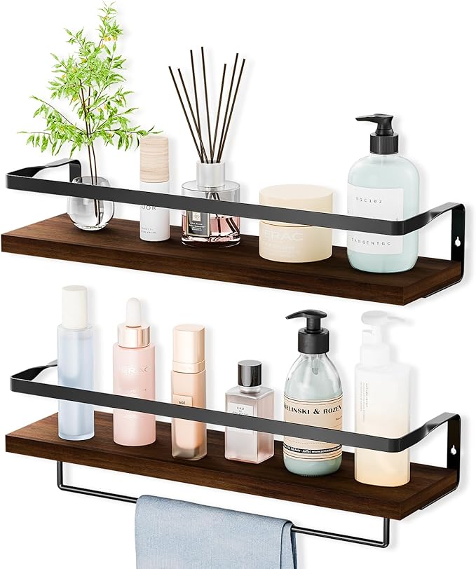 Bathroom Shelves with Towel Bar,Floating Shelves for Bathroom, Kitchen, Bedroom, Paulownia Wood, Matte Black Metal Frame - Set of 2 (Rustic Brown)