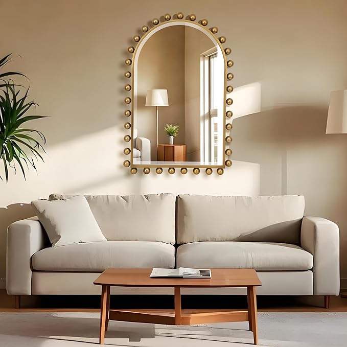 24x36 Inch Arched Wall Mirror with Antique Gold Ball Frame, Beveled Arched Decorative Wall Mirror, Vintage Gold Accent Mirror for Living Room, Entryway, Bedroom, Hallway & Over Console Decor