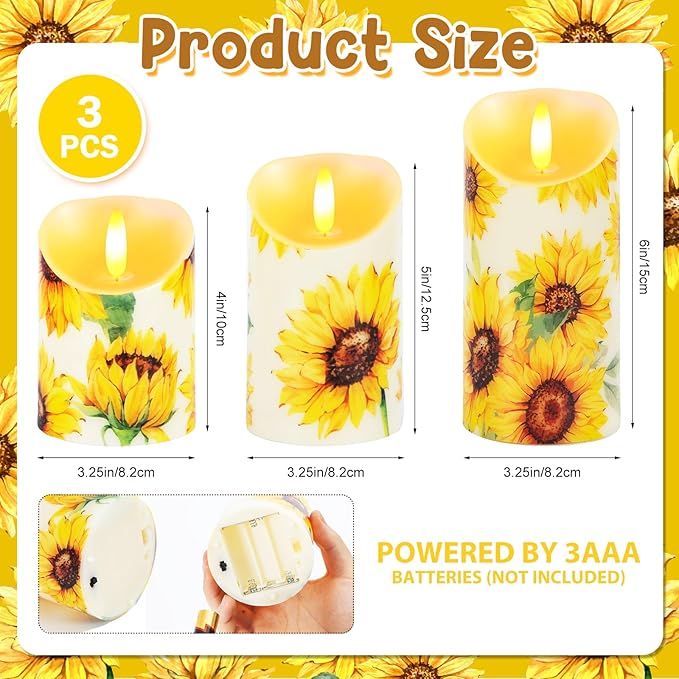3 Pcs Sunflower Flameless Candles Battery Operated LED Candles Flickering Pillar Sunflower Floral Printed Faux Candle Housewarming Gift for Monther's Day Wedding Home Party