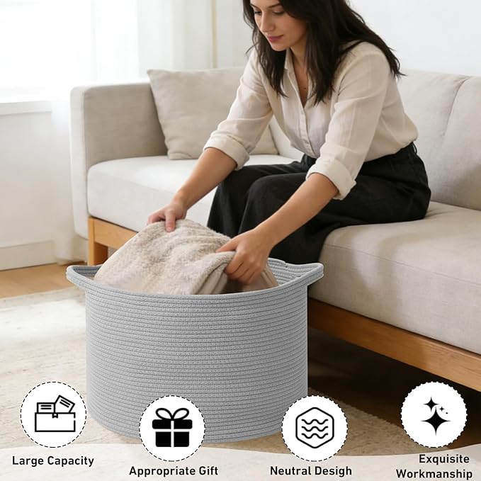 90L Extra Large Blanket Basket,Rope Woven Storage Basket with Handles, Laundry Hamper for Toys, Clothes, Pillows & Towels, Perfect for Living Room, Nursery & Bedroom,Light Grey
