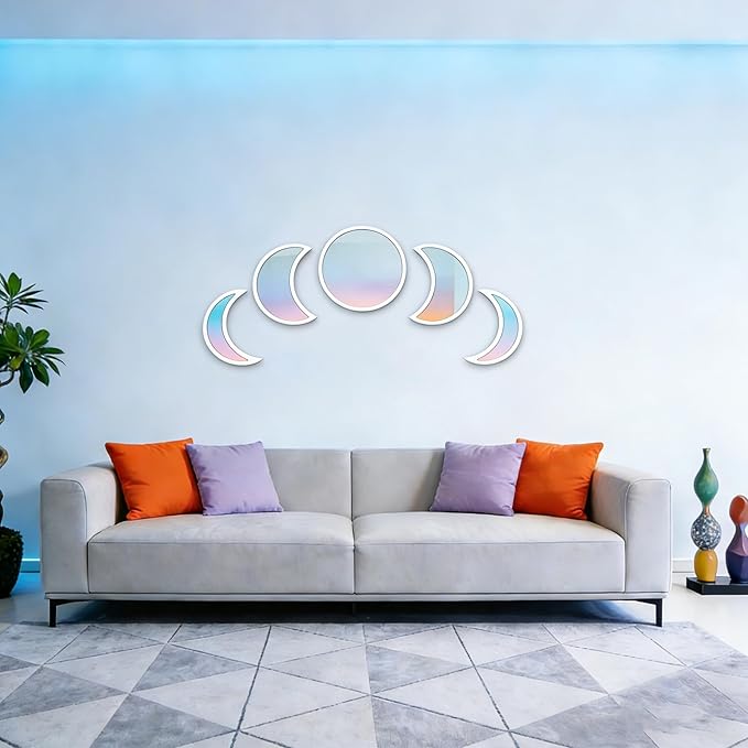5-piece Set of Moon Phase Mirror Decorations in Nordic Style, Acrylic Mirror paired with Wooden Combination, Bohemian Style Living Room Bedroom Home Decoration, White (White)