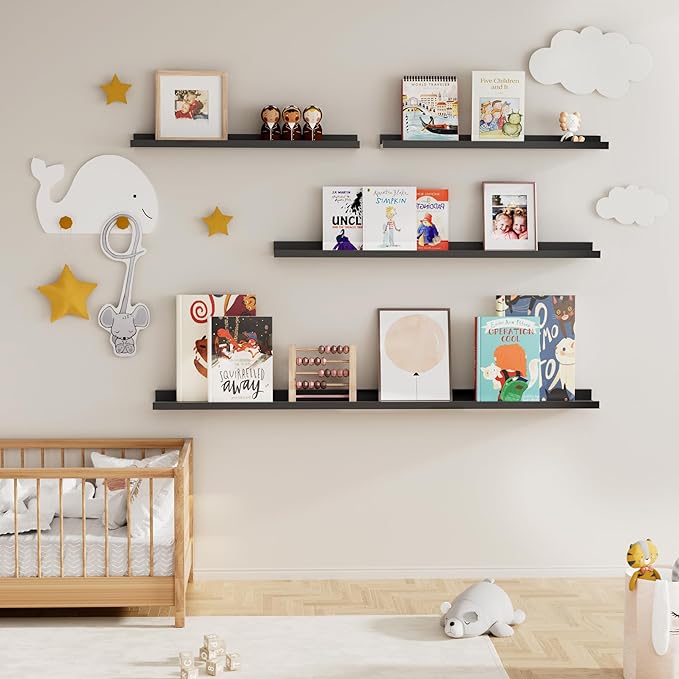 Fun Memories Picture Ledge Shelf, 32 Inch Floating Shelves Set of 2, Large Nursery Book Shelves for Toys Storage, Kids Bookshelf Wall Mounted for Wall Decor Books Photo Frames, Black