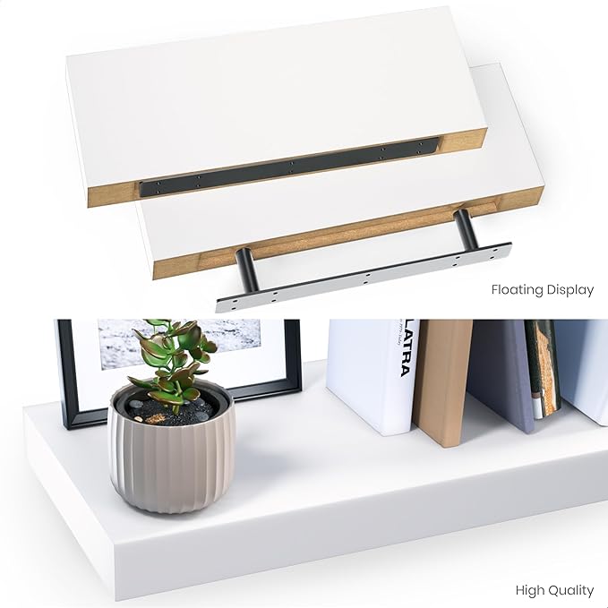 Ballucci Floating Shelves, 2-Pack 16" Wood Wall Shelf Set with Invisible Brackets for Bathroom, Living Room, Bedroom, Kitchen, Nursery, 6" Deep, White