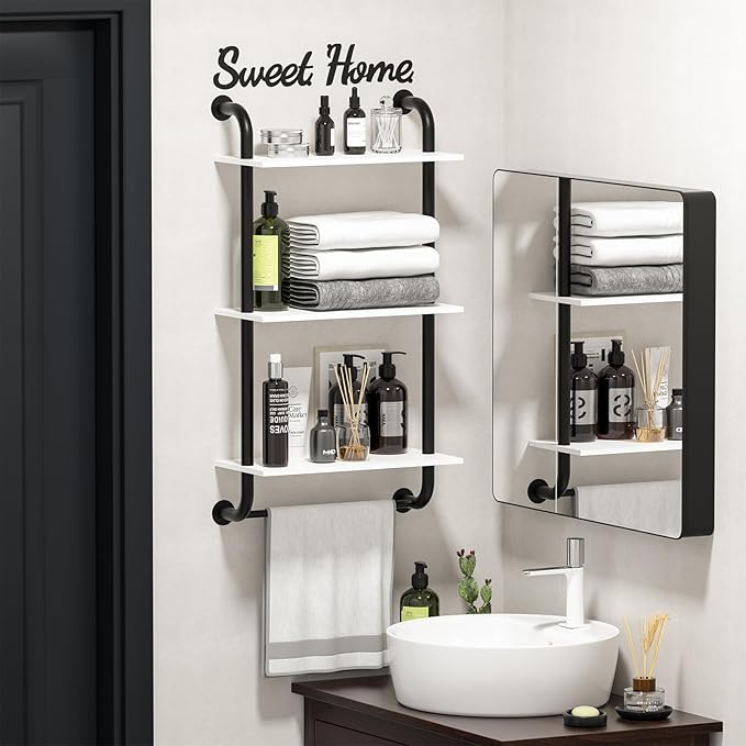 Tinpin Wall Shelves 3-Tier, Bathroom Shelves Over Toilet, Rustic Industrial Pipe Shelf, Farmhouse Bathroom Decor, Floating Shelf Wall Decor for Bedroom, Living Room 17.3 inch, White