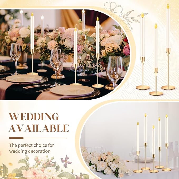 FillTouch 30 Pcs Gold Candlestick Holders with Flameless LED Candles Bulk Includes 15 Metal Candle Holders 15 Ivory Battery Operated Taper Candles for Wedding Valentines Table Centerpieces Home Decor