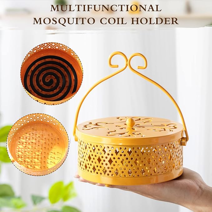 4 Pieces Mosquito Coil Holder Incense Coil Holder Round Retro Portable Metal Hanging Incense Burner with Handle for Home Camping Indoor Outdoor Patio(Yellow)