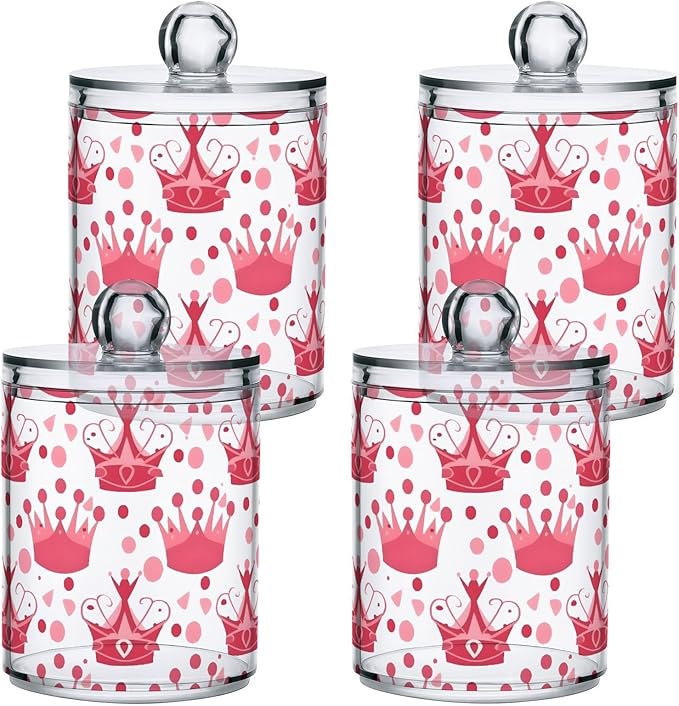 2 Pack Qtip Holder Dispenser for Cotton Ball Crown Pink Polka Dots Swab Round Pads Clear Plastic Acrylic Jar Set Bathroom Canister