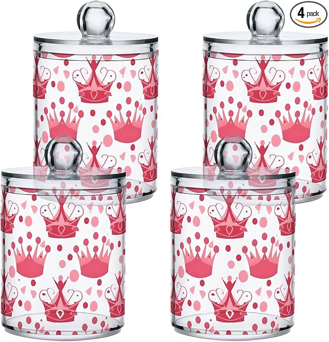 4 Pack Qtip Holder Dispenser Crown Pink Polka Dots Cotton Ball Swab Round Pads Floss Clear Bathroom Storage Containers Plastic Apothecary Jars with Lids