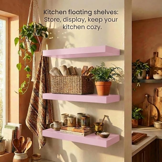 SAUMONIERES Floating Shelves Wall Shelf Solid Wood for Bathroom Bedroom Kitchen Set of 3, Pink Wall Shelves