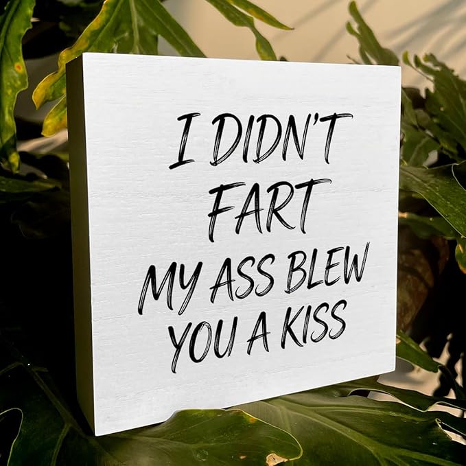Funny Rustic Bathroom Wooden Box Sign 5x5 Inch - "I DIDN'T FART. MY ASS BLEW YOU A KISS" Humorous Restroom Decor, Farmhouse Style Shelf Desk Table Home Decoration for Bathroom Living Room
