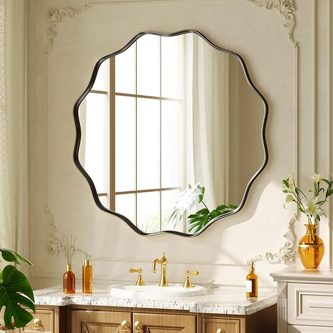 24 Inch Scalloped Round Wall Mirror, Black Wavy Edge Frame Circle Mirror for Bathroom, Bedroom, Entryway, Living Room for Wall Decor