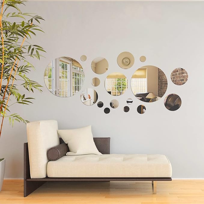 Shappy 32 Pcs Acrylic Mirror Wall Stickers Removable Round Wall Decal Circle Mirror Tiles for Home Bathroom Living Room Bedroom TV Background Decor(Silver,Medium Size)