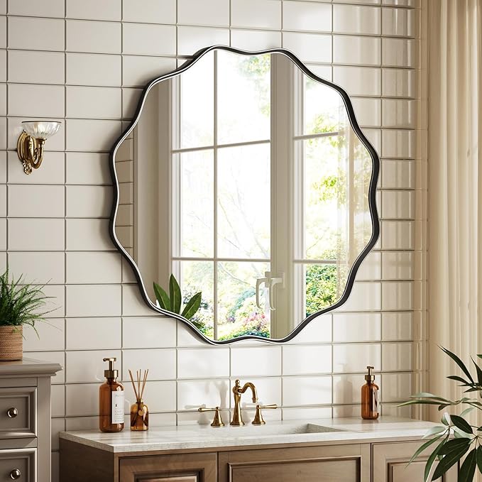 Round Wavy Mirror 36 Inch Bathroom Vanity Mirror Metal Frame Circle Wall Mounted Mirror for Bedroom Living Room Entryway Black