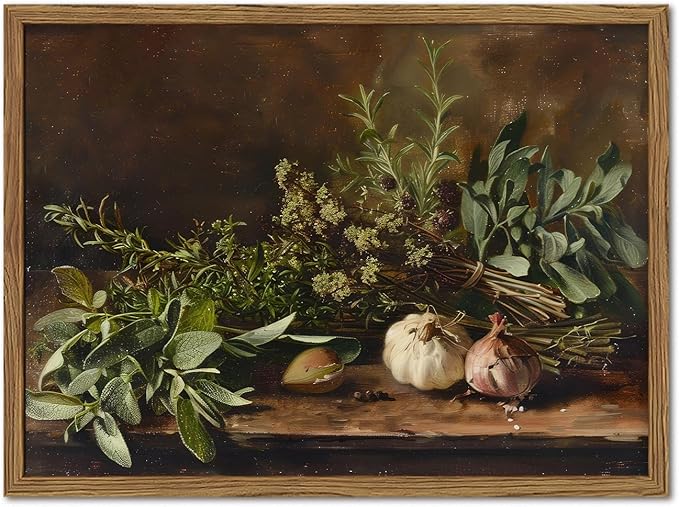 Framed Vintage Kitchen Wall Art, Rustic Garlic and Herbs Pictures Wall Decor Paintings, Farmhouse Cottagecore Canvas Prints Artwork for Home Dining Room Living Room 12x16 inch