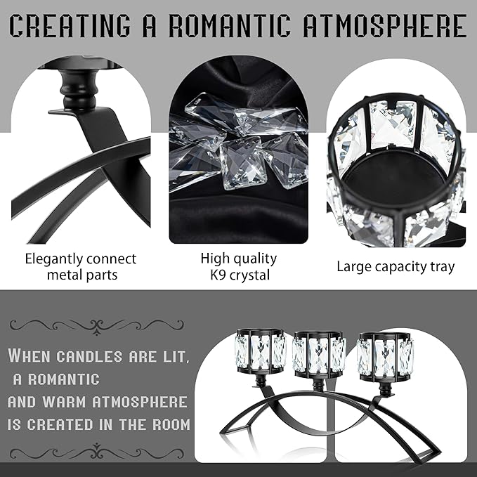 Black 3-Arm Crystal Candle Holders Arched - Elegant Tabletop Candelabra Centerpiece for Weddings, Dining Room Decor, Modern Home & Cabinet Display for & Housewarming