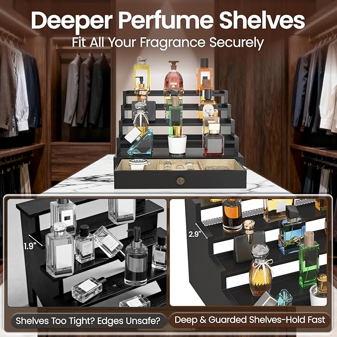 MODOWEY Perfume Organizer Cologne Holder Stand for Men, Wooden Wide-Spaced Shelf with Drawer, 5 Tier Large Capacity Storage Rack for Dresser Countertop, for a Neat, Accessible Fragrance Display, Black
