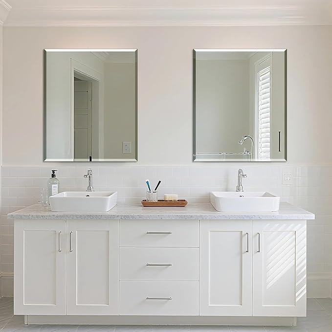 Frameless Bathroom Mirror for Wall, Rectangle Beveled Edge Mirror for Over Sink, Tempered Glass, Shatterproof, Hangs Horizontally or Vertically for Living Room, Entryway, Restroom, 36" x 30"