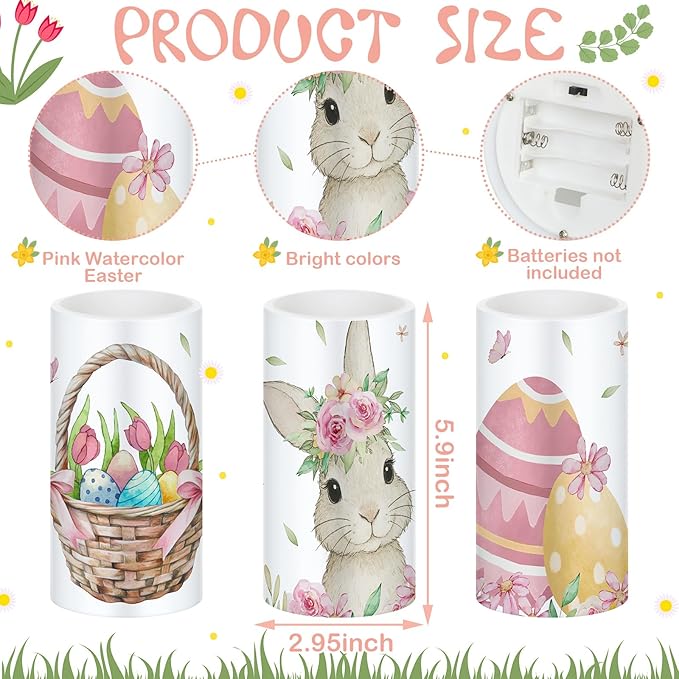 Retisee 3 Pcs Colorful Easter Flameless LED Candles Battery Operated Bunny Spring Flickering Pillar Candles with Remote Pastel Easter Decoration Centerpiece for Bedroom Living Room Dinner Table Decor