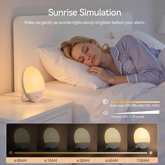 RICIAL Wake Up Light Sunrise Alarm Clock, 10000 Lux UV-Free Sun Lamp with Dimmable Brightness, 4 Color Temperatures, Timer, Dual Alarms, Snooze, Sleep Aid, 10 Natural Sounds