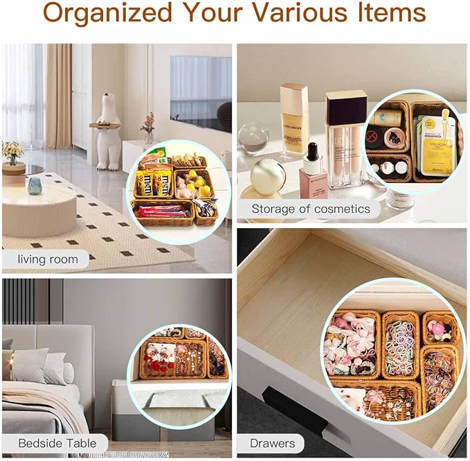 Drawer Organizers- Plastic Rattan Storage Trays for Bedroom, Bathroom, Kitchen, Office, Handwoven organizer, Waterproof and Easy Clean, 1 Set, Caramel Color