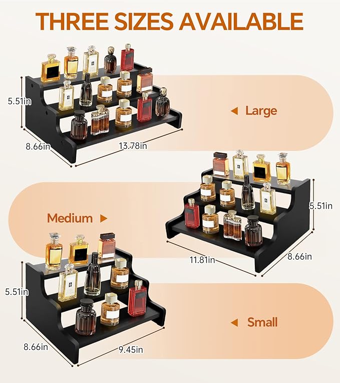 Wooden Cologne Organizer for Men, Perfume Organizer Stand, Cologne Stand with Anti-Slip Washers, Wooden Display Risers Stand for Figures, Fragrances, Dessert, Cupcake, Makeup (Black, 3-tier-11.8in)